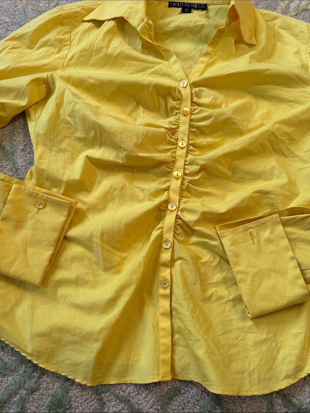 Lafayette 148 New York Yellow Ruching Button-Down Shirt 8 - Picture 3 of 5
